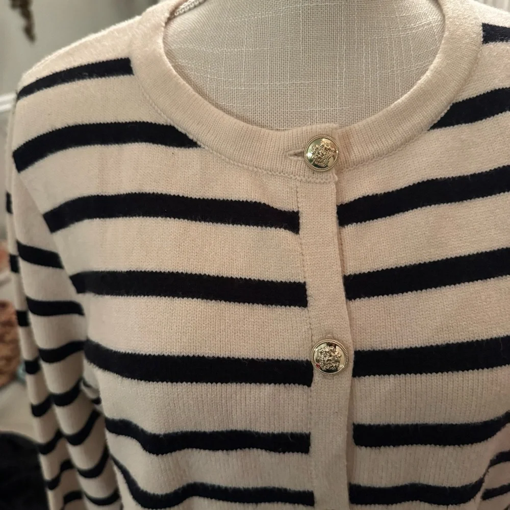 Striped Knit Cardigan with Gold Buttons - Apricot and Black - Picture 6 of 12